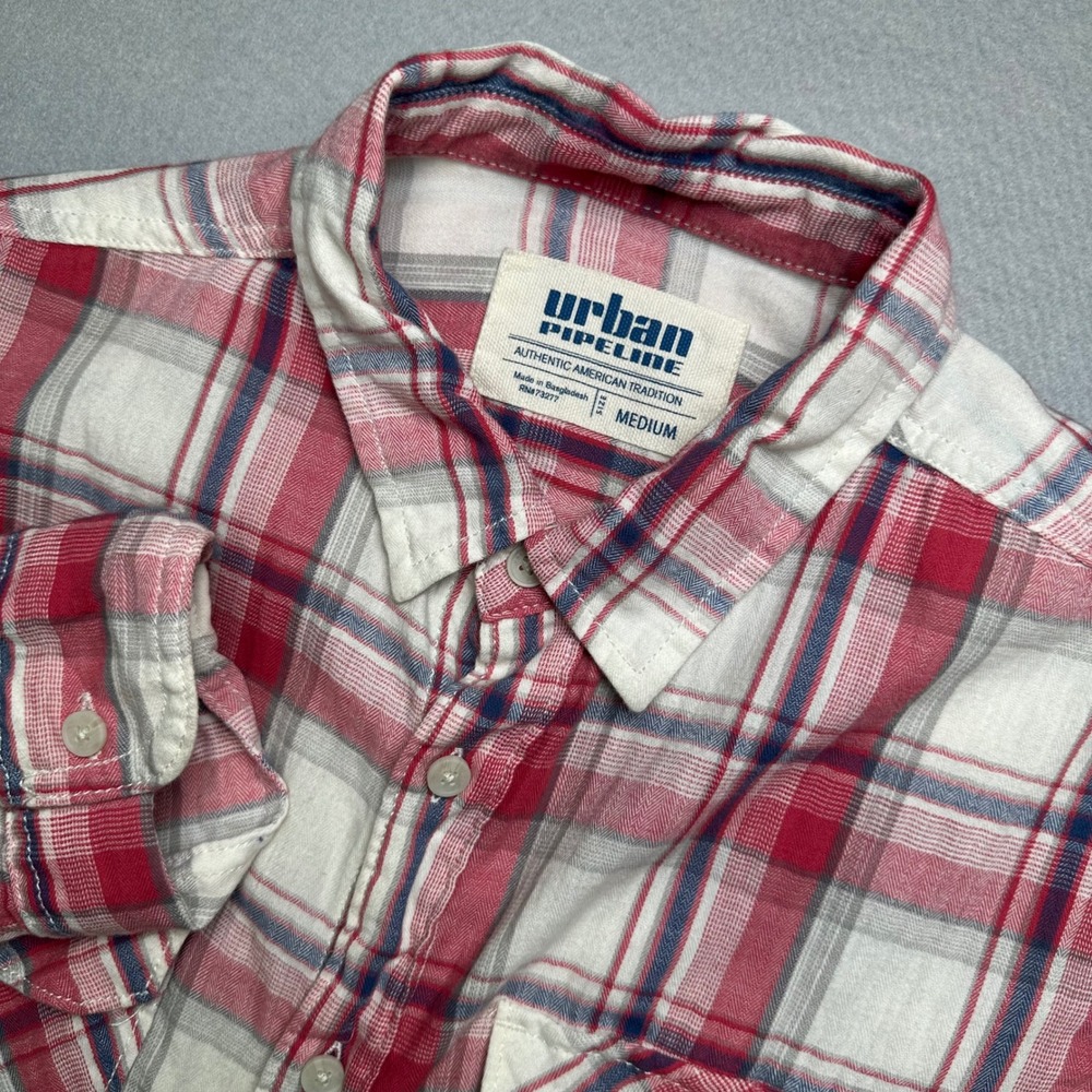 Urban Pipeline Button Down Shirt Mens Medium Red White Blue Plaid Long Sleeve